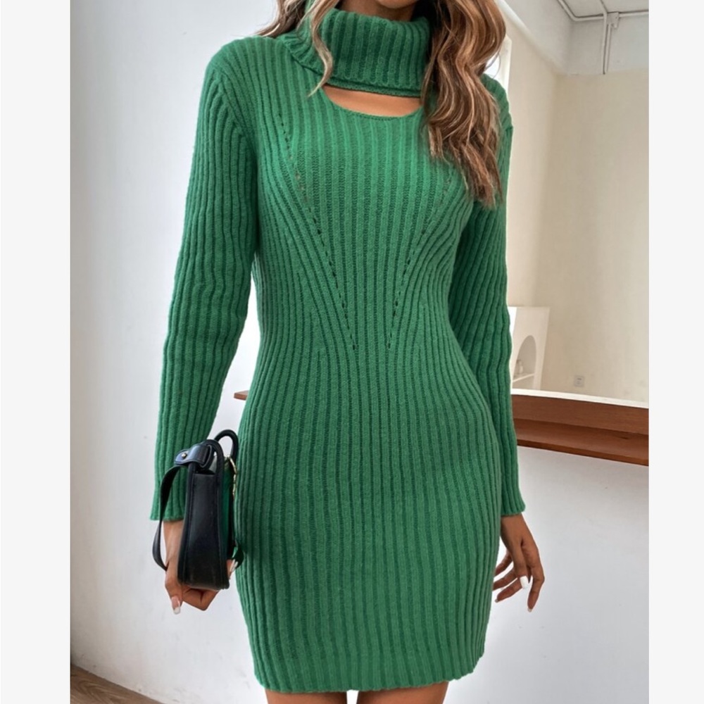 Cozy Cowl Neck Cut out Knit Sweater Dress Green - Picture 4 of 8